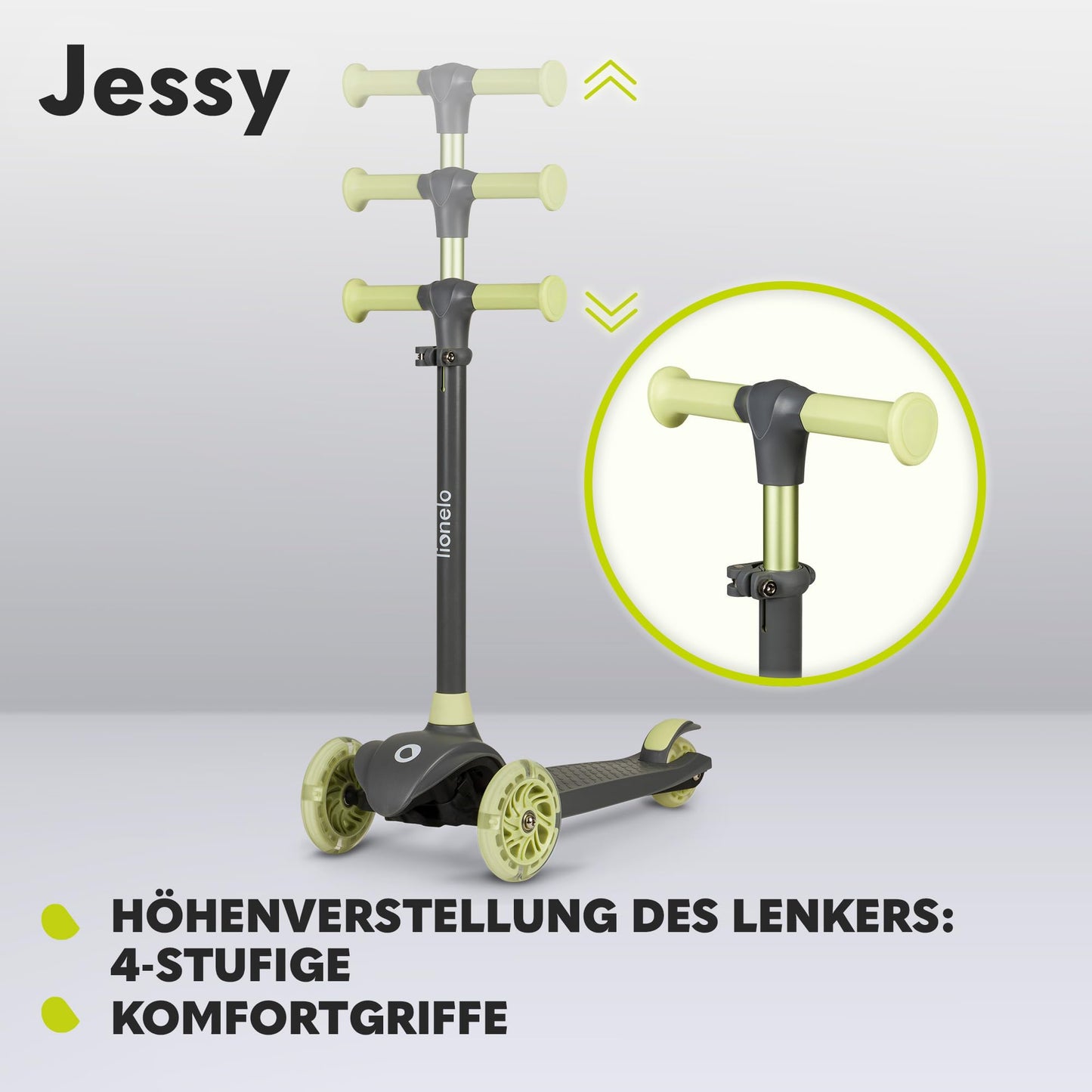 LIONELO Jessy Premium tricycle scooter with LED wheels for children 3 years up to 50 kg, adjustable height and non-slip platform, foldable scooter. Perfect for toddler boys and girls.