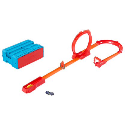 Hot Wheels track set, fire-themed track set with one Hot Wheels vehicle, 16 track and stunt components in stackable toy storage box, HMC04.