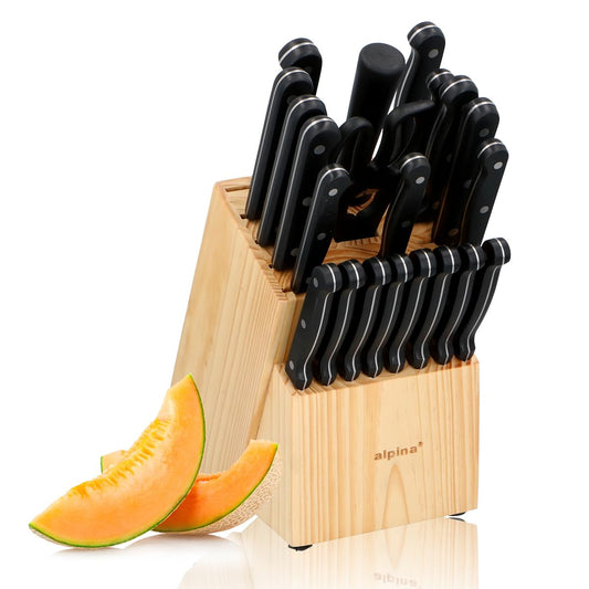Alpina 22-Piece Knife Block Set - Kitchen Knife Set with Block - 18 Different Knives - Includes Sharpener and Non-Stick Coated Scissors - 21 x 15 x 22 CM - Wooden Knife Block