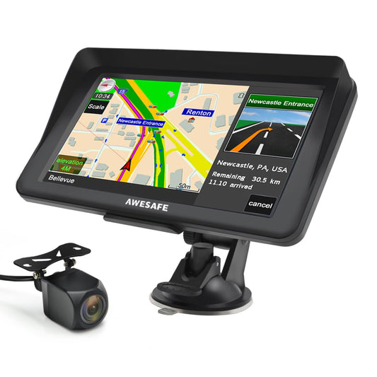 AWESAFE Bluetooth GPS device for car with backup camera, 7 inch touchscreen, supports 2023 Europe maps with lifelong free updates, GPS navigation for car, car, truck.