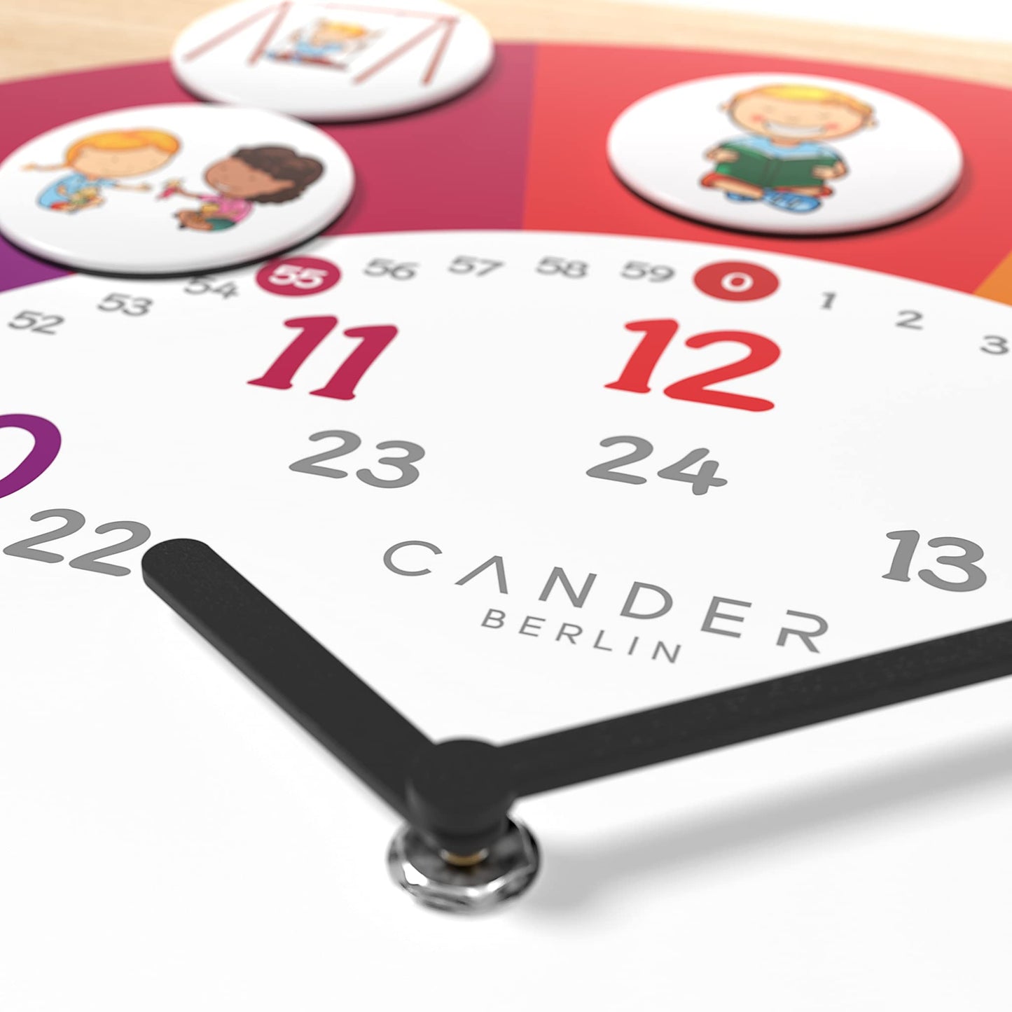 Cander Berlin MNU 11835 R Children's Wall Clock silent 40 x 30 cm noiseless Magnet Pictures Children's Room Daily Routine Wooden design Learning clock Children's room analog without ticking Girls Boys