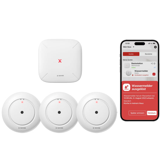 X-Sense Smart Water Detector with Battery, Wi-Fi Water Sensor, compact flood sensor with adjustable volume of up to 110 dB and 500m range, for kitchens, basements, and bathrooms.