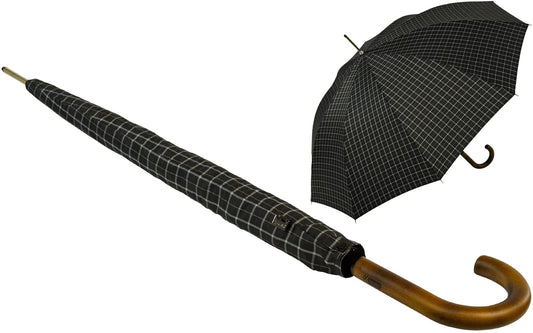 iX-brella Men's automatic umbrella with real wood round handle - black checkered