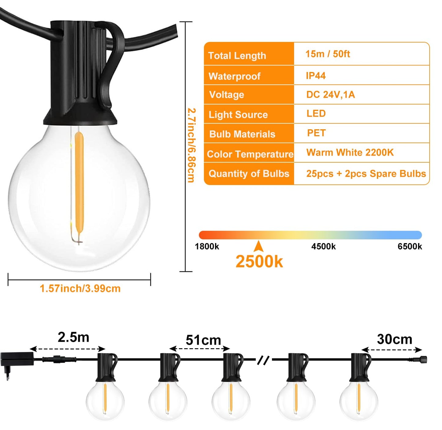 Outdoor string lights with remote control - 15M dimmable LED string lights with G40 bulbs, 4 modes and timer function, waterproof for outdoor garden balcony terrace party camping wedding.