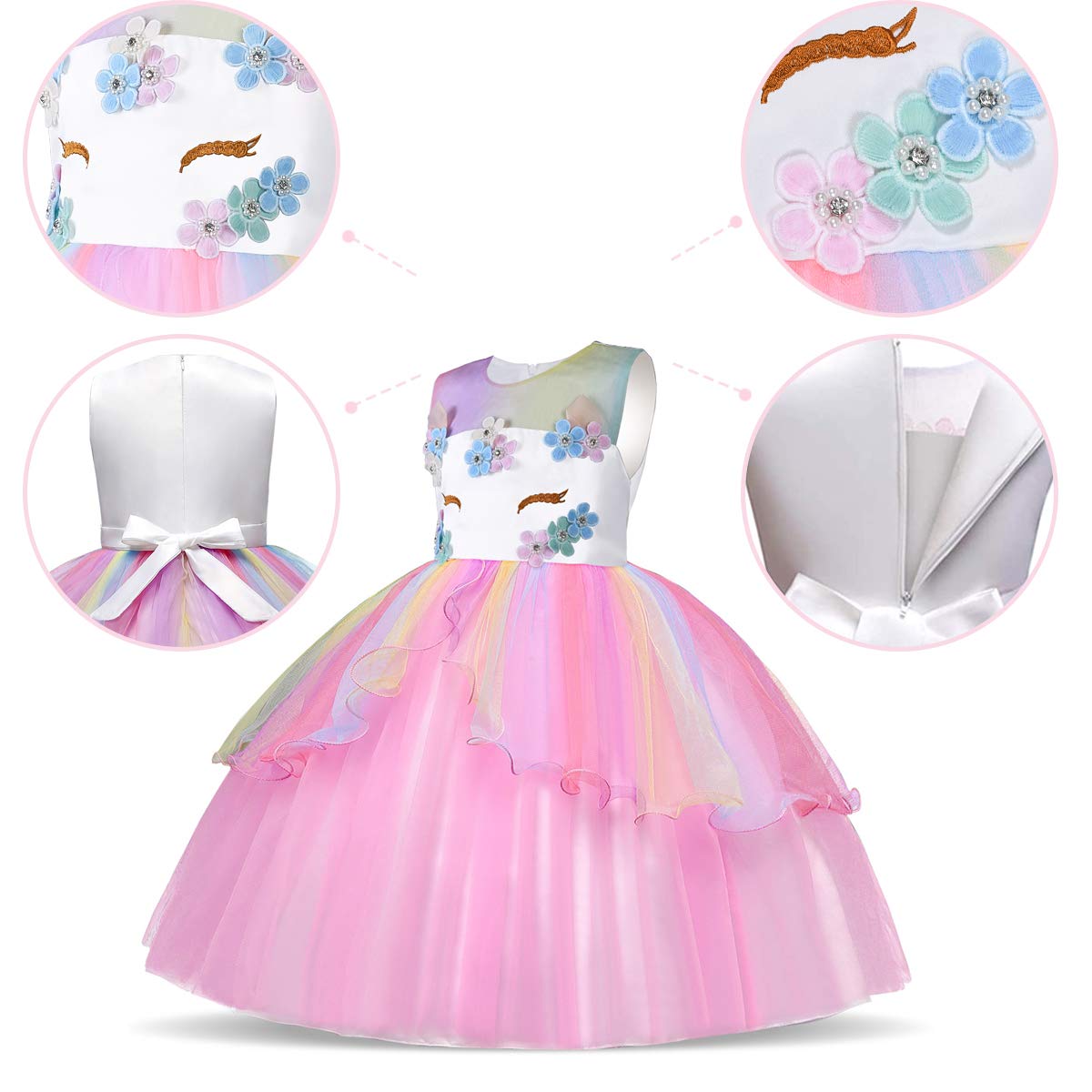 URAQT Kids Unicorn Costume Dress, Girls Unicorn Skirt, Flower Girls Sleeveless Party Dress, Birthday Dress Fancy Dress, Carnival Costume with Unicorn Outfit Set, 110cm (Pink-B)
