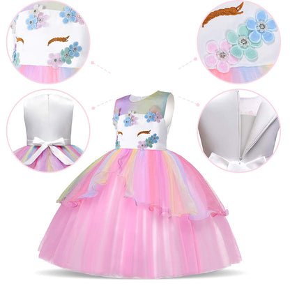 URAQT Kids Unicorn Costume Dress, Girls Unicorn Skirt, Flower Girls Sleeveless Party Dress, Birthday Dress Fancy Dress, Carnival Costume with Unicorn Outfit Set, 110cm (Pink-B)