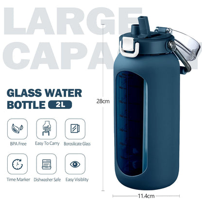 BLUEGO 2000ml glass water bottle with stainless steel handle and time marking 2L drinking bottle borosilicate glass with silicone sleeve and straw for gym outdoor sports water bottles BPA free, dark blue