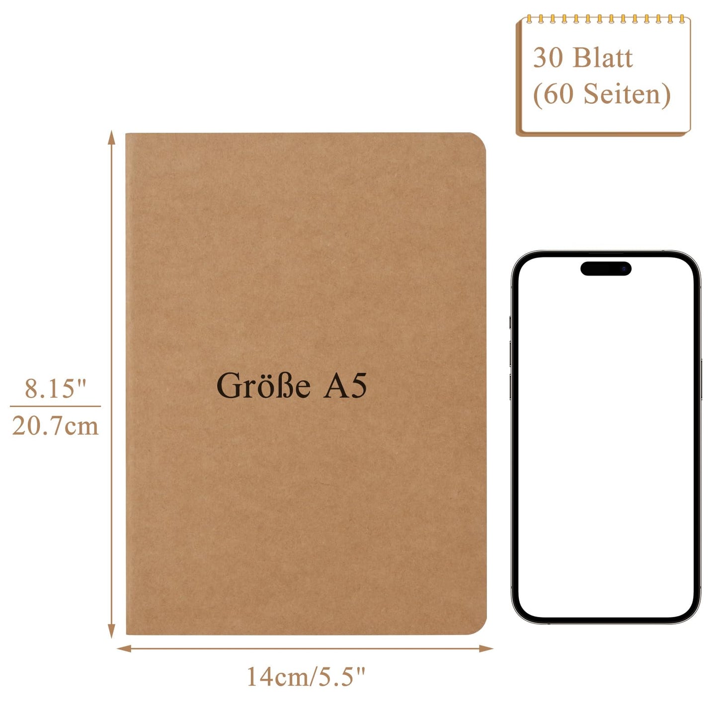 ZCZN notebook A5 blank, 48 pieces kraft cover notepad with 30 sheets, journal for office and school.