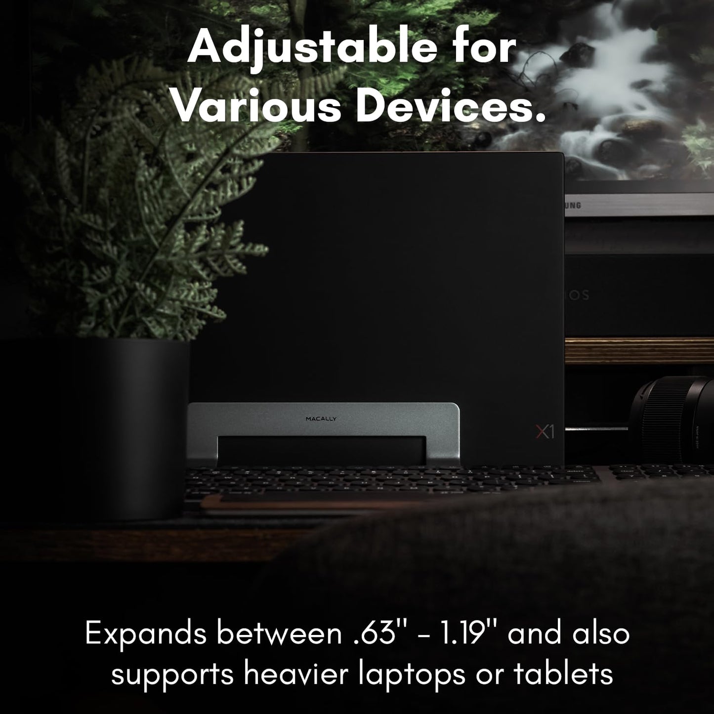 Macally Vertical Laptop Stand frees up desk space and adjusts to fit various laptops such as Apple MacBook, Asus Chromebook Flip, Samsung Notebook 9, Lenovo ThinkPad, Dell XPS, and Acer Switch.