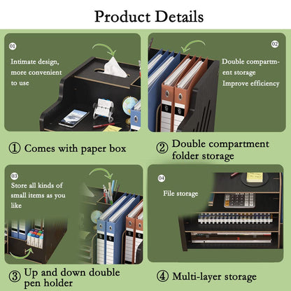 Wooden desktop organizer, large capacity, tidy storage holder, DIY office supplies, storage box for A4 papers, documents, and notebooks (JB07 Black).