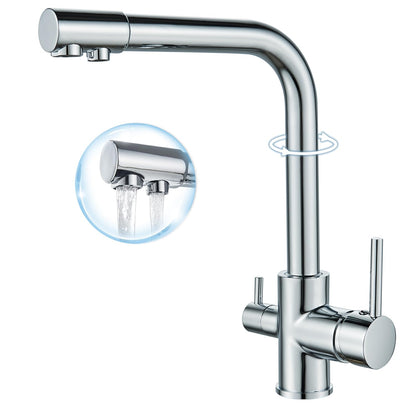 ROVOGO Kitchen Faucet 3 Way Water Filter Mixer Tap, Kitchen Tap for Hot, Cold and Drinking Water, 360° Rotatable Sink Faucet Stainless Steel with Double Lever and 3 Hoses, Chrome