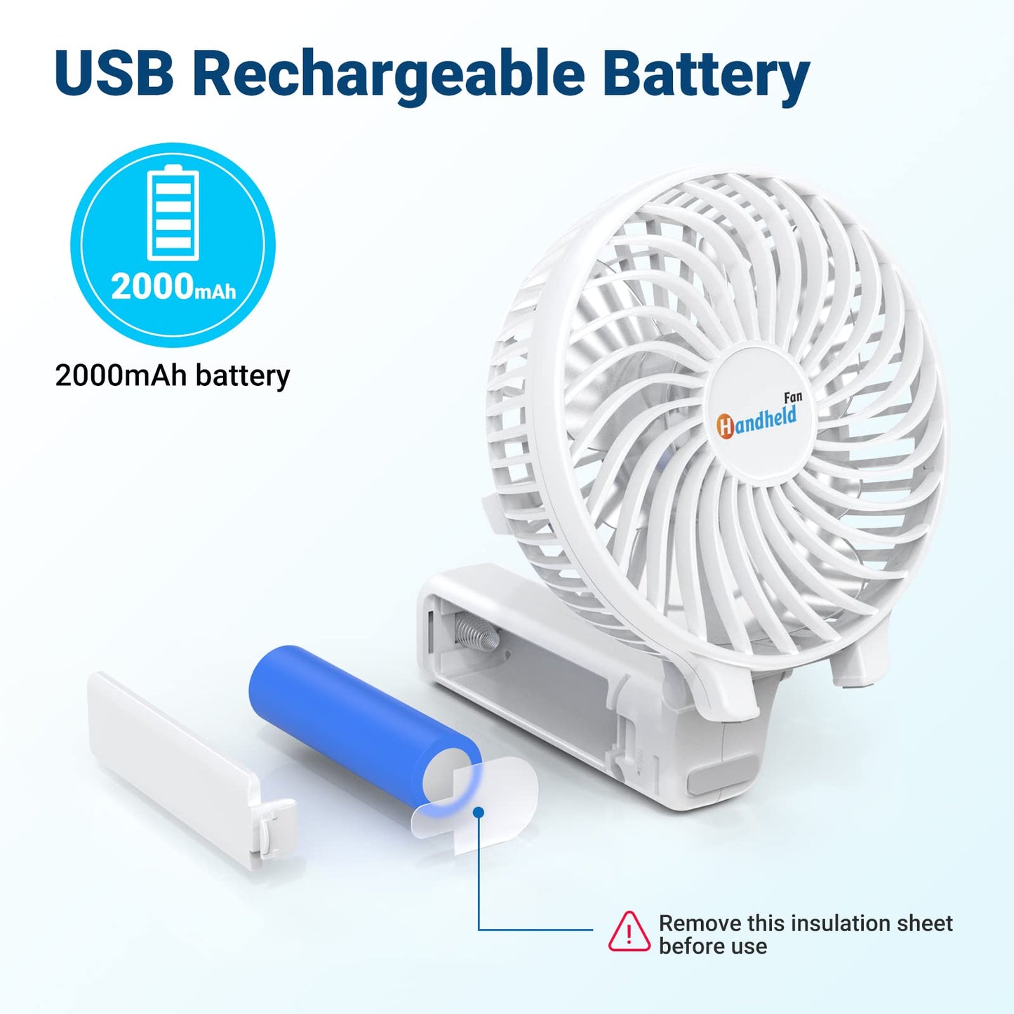 Jonwall USB hand fan, portable mini hand fan rechargeable desk fan foldable personal desk fan for home office camping travel white.
