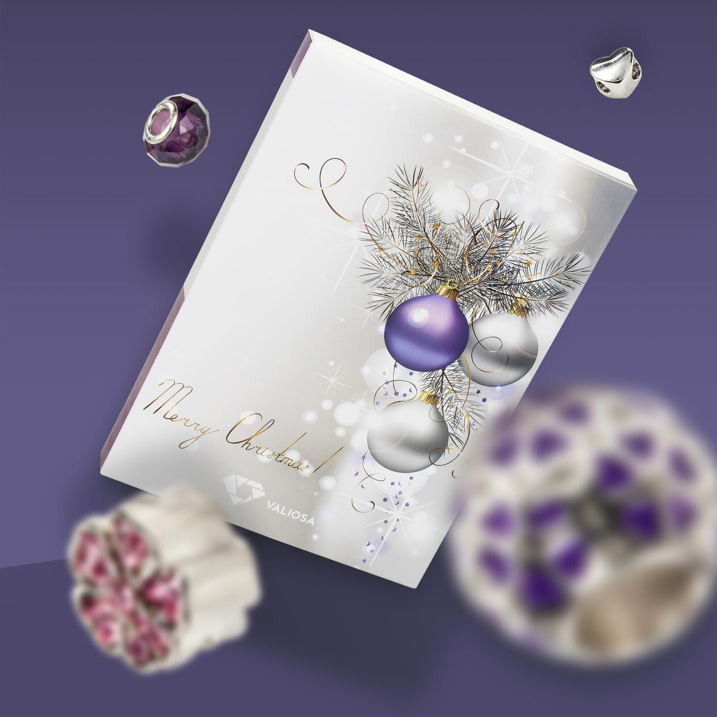 VALIOSA Merry Christmas Fashion Jewelry Advent Calendar with necklace, bracelet + 22 individual glass & metal bead pendants, a special gift for girls & women, purple, 24-piece set.