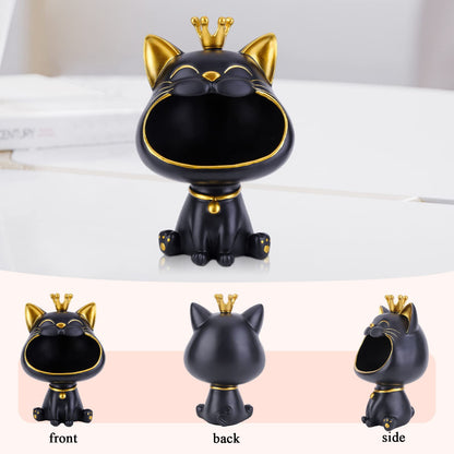 BLOOOK Laughing Cat Figurine Statue, Maneki Neko Fortune Cat Sculpture, Kawaii Cat Decor Gift, Key Tray, Jewelry Tray, Modern Decor for Living Room Home Entryway Furniture (Black)