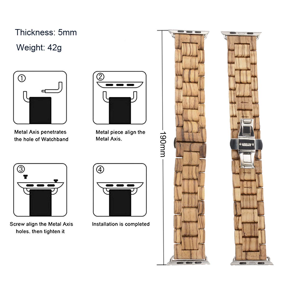 AIYIBEN wooden watch band 38mm/40mm/41mm with stainless steel butterfly clasp, compatible with iWatch Ultra 2 SE Series 1 2 3 4 5 6 7 8 9 (Zebra)