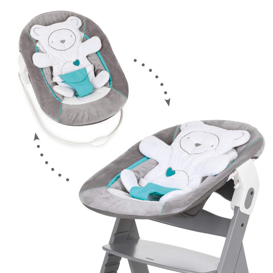 hauck 2in1 Babywippe & Newborn Attachment for Alpha+ & Beta+ Wooden High Chairs. Alpha Bouncer 2in1, for babies from birth up to 9kg, with 3-point harness, teddy insert, and rocking frame (Hearts Grey)