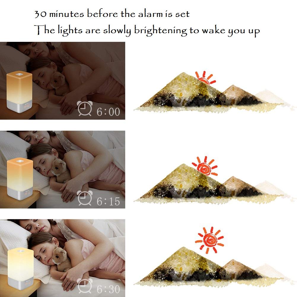Wake-up light alarm clock, Finether Sunrise alarm clock with 5 nature sounds, USB rechargeable night light touch control lamp.