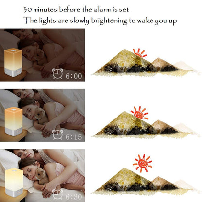 Wake-up light alarm clock, Finether Sunrise alarm clock with 5 nature sounds, USB rechargeable night light touch control lamp.