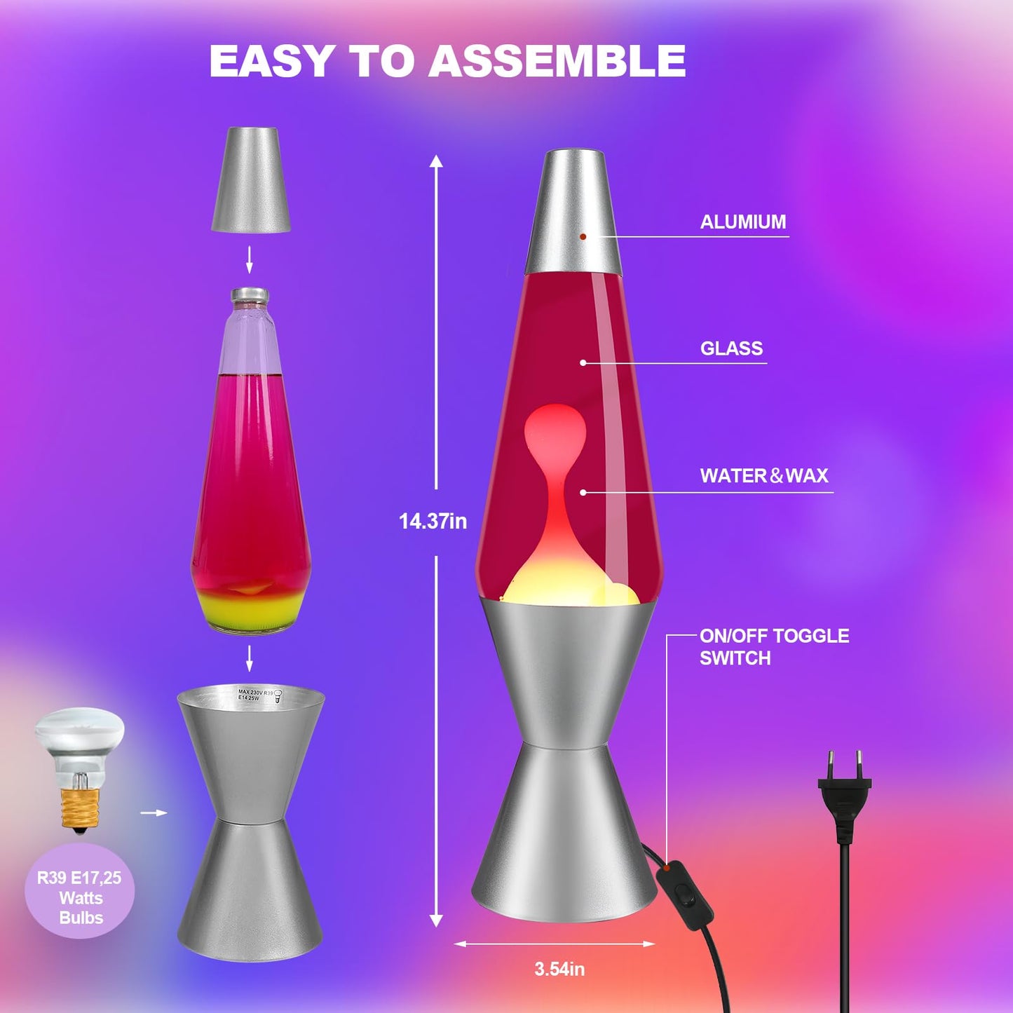 AONESY lava lamps for adults & kids 37cm purple liquid & yellow wax retro astro lamp for home decor beautiful light gift for Christmas birthday Halloween