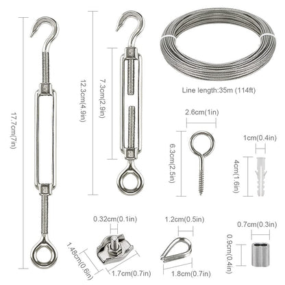 Stainless Steel Wire Rope Trellis - 35m PVC Coated Steel Cable Tensioning Kit with Turnbuckle M5, Eye Screw, Thimble, Wire Rope Clamp & Aluminum Rope Clamp for Climbing Plants, Railing, Light/Picture Hanging.