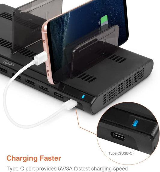 Alxum 120W USB Multi Mobile Charging Station with QC 3.0 Fast Charge & Type C Phone Charging Dock with 10 Ports and removable dividers (Black)