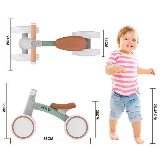 SEREED Kids Balance Bike from 1 year, walking bike toy for 12-24 months baby, first bike without pedals with 4 wheels for boys and girls, toddlers first birthday gift, Green.