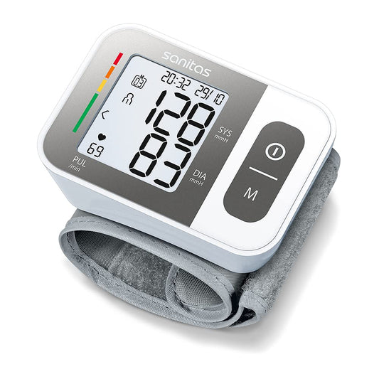 Sanitas SBC 15 wrist blood pressure monitor, fully automatic blood pressure and pulse measurement, warning function for possible heart rhythm disorders.