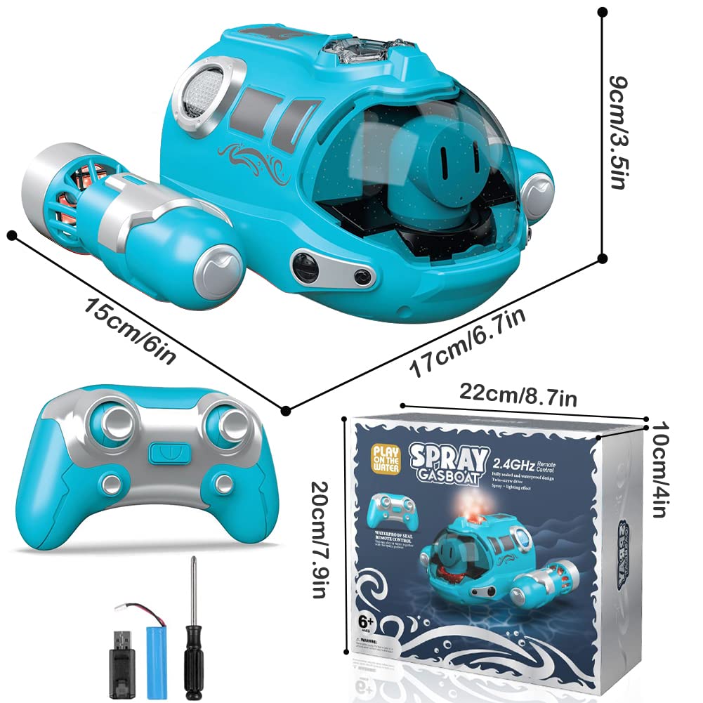 Remote Control Boat for Kids RC Boat 2.4 GHz Pool Toy Kids with Spray/Light Function/Double Propellers, Water Toy for Pools Lakes Boys Girls Outdoor Toys Gifts (Blue)