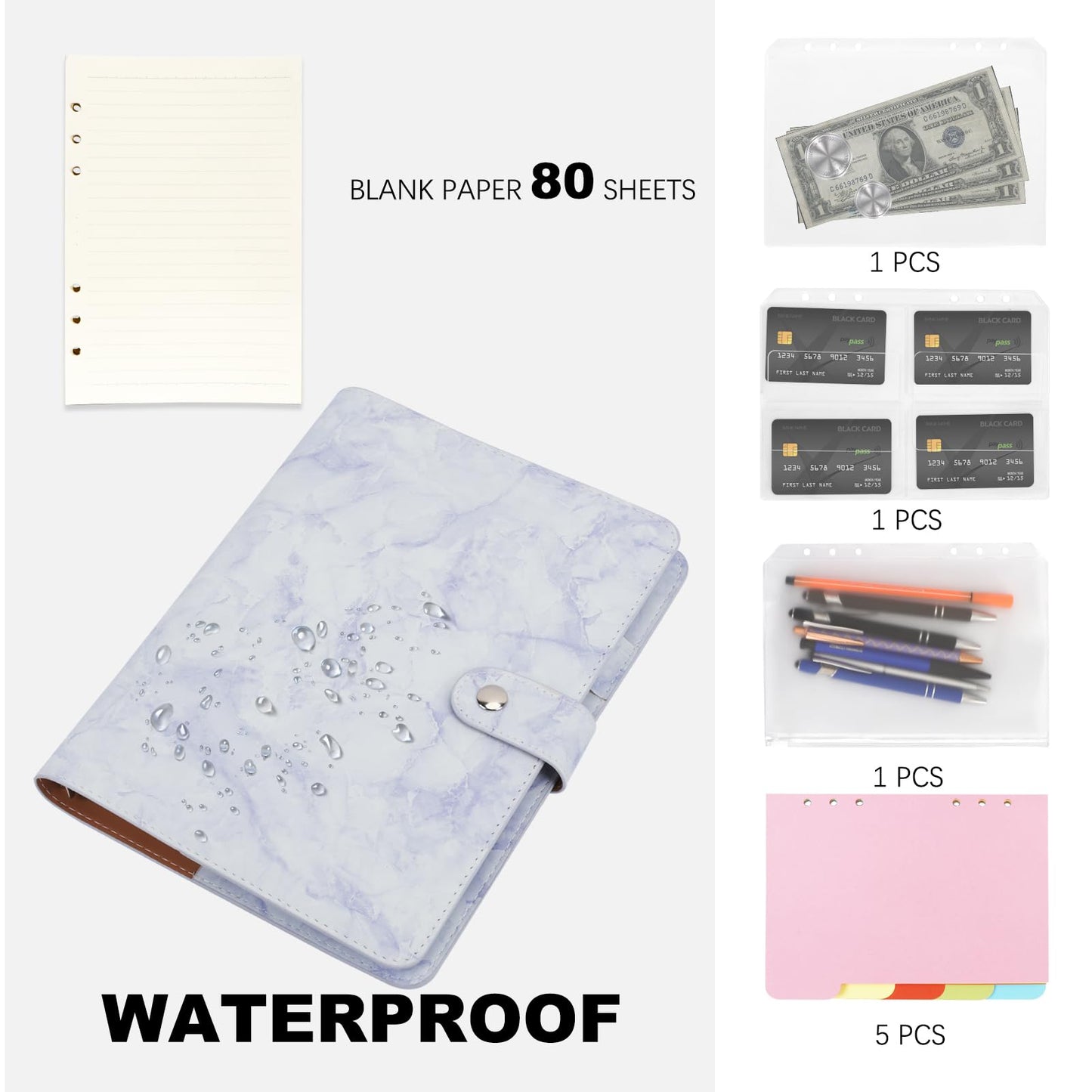 Skycase A5 refillable ring binder, 6-hole loose leaf binder, PU leather notebook folder portfolio with filler paper, binder pockets & paper sheets (Blue)