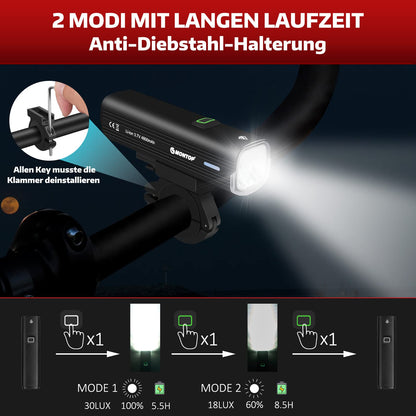 StVZO approved bike light, USB front lights battery, MONTOP LED bike lighting bike lamp, bike light, bike lights for children and adults BRIGHT
