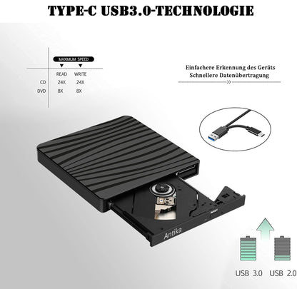External DVD drive USB 3.0 Type-C Portable CD DVD burner Optical Drive DVD Drive DVD/CD +/-RW External CD Drive for Laptop Desktop with Win11/Win10/Win8/Apple MacPro/MacBook/OS
