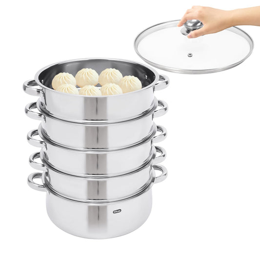 Steamer pot, 5-tier stackable stainless steel steamer pan with glass lid, diameter 26/28/30cm (28cm)