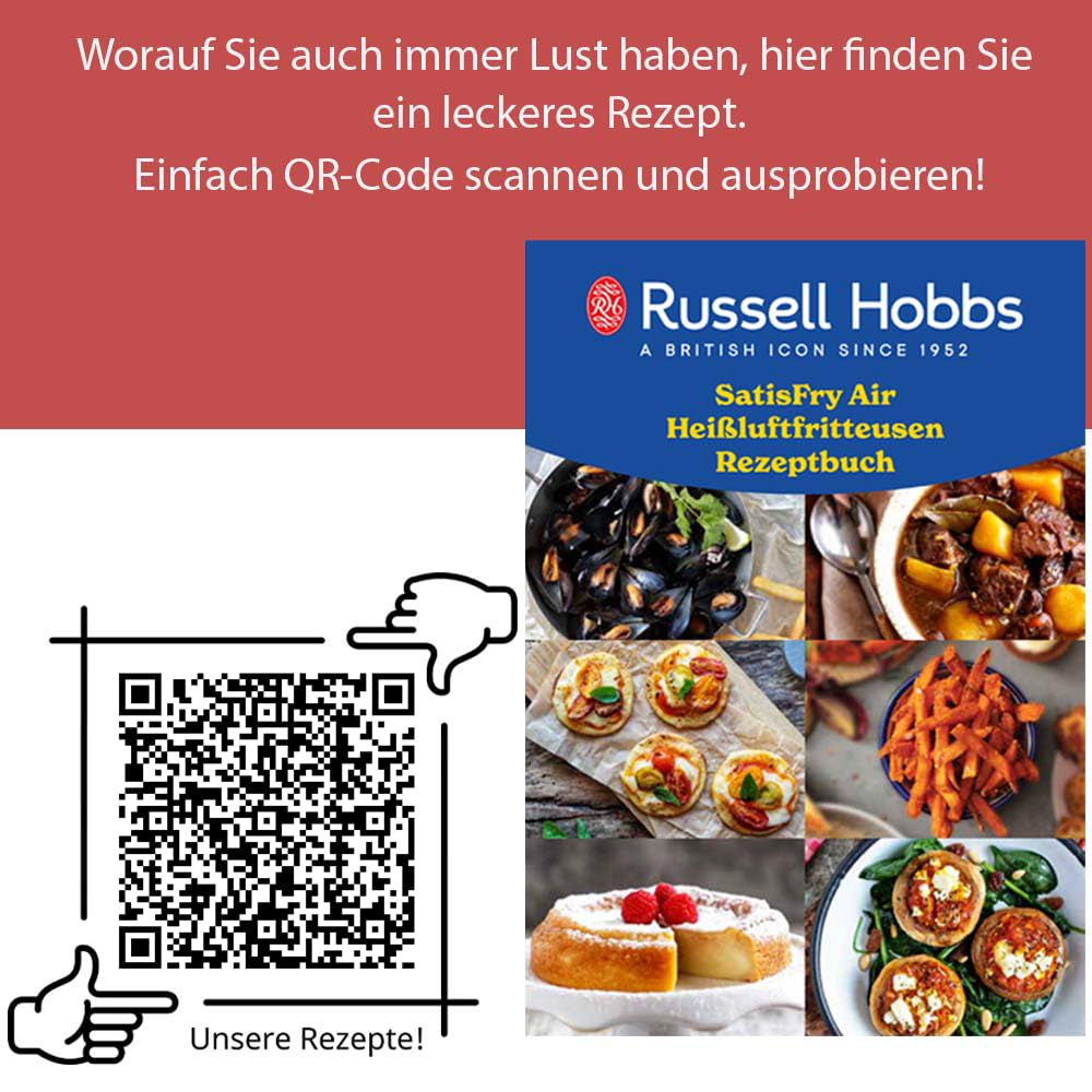 Russell Hobbs XXL 8L Rapid AirFryer with compact design, 7 cooking functions, 10 programs. SatisFry technology is dishwasher safe, reaches up to 220°C, and allows for oil-free frying, grilling, baking, and roasting. Item number: 27170-56.