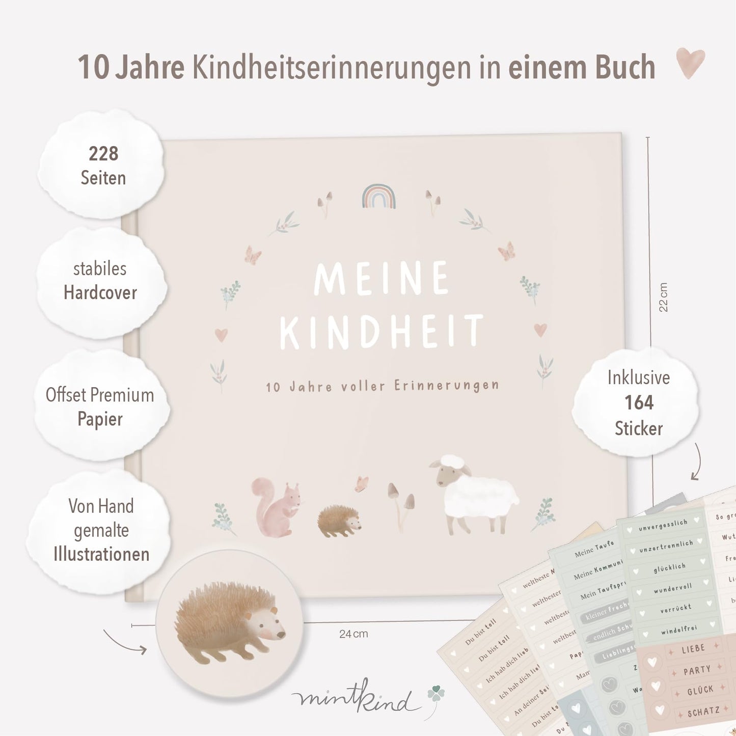 mintkind® Childhood Memory Album Beige, Baby Book with Sticker Set, Birth Gift, Children's Photo Album, Diary for Entries, Memory Book 0-10 Years, Hardcover Album