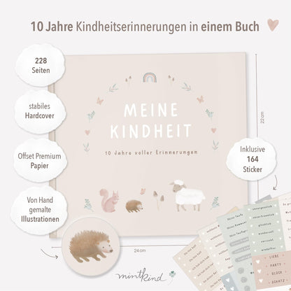 mintkind® Childhood Memory Album Beige, Baby Book with Sticker Set, Birth Gift, Children's Photo Album, Diary for Entries, Memory Book 0-10 Years, Hardcover Album