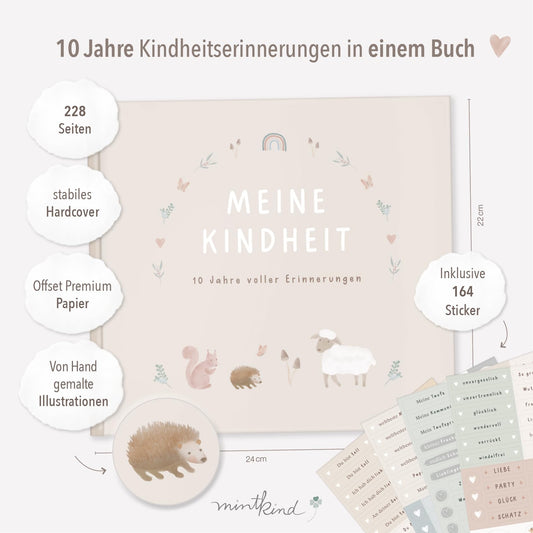 mintkind® Childhood Memory Album Beige, Baby Book with Sticker Set, Birth Gift, Children's Photo Album, Diary for Entries, Memory Book 0-10 Years, Hardcover Album