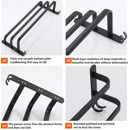 Towel holder, aluminum towel rack, wall mounted 3-tier towel bar with hooks 80CM Black Waterproof Rustproof towel holder for bathroom/kitchen/towel rack/shoe rack.