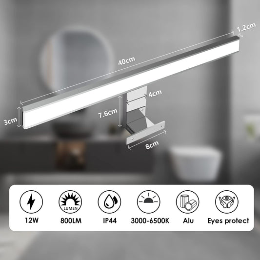KYOTECH LED mirror light for bathroom. Dimmable 12W 400mm 800LM with switch. IP44 waterproof. Remote controlled. Makeup light for bathroom. Made of aluminum material.