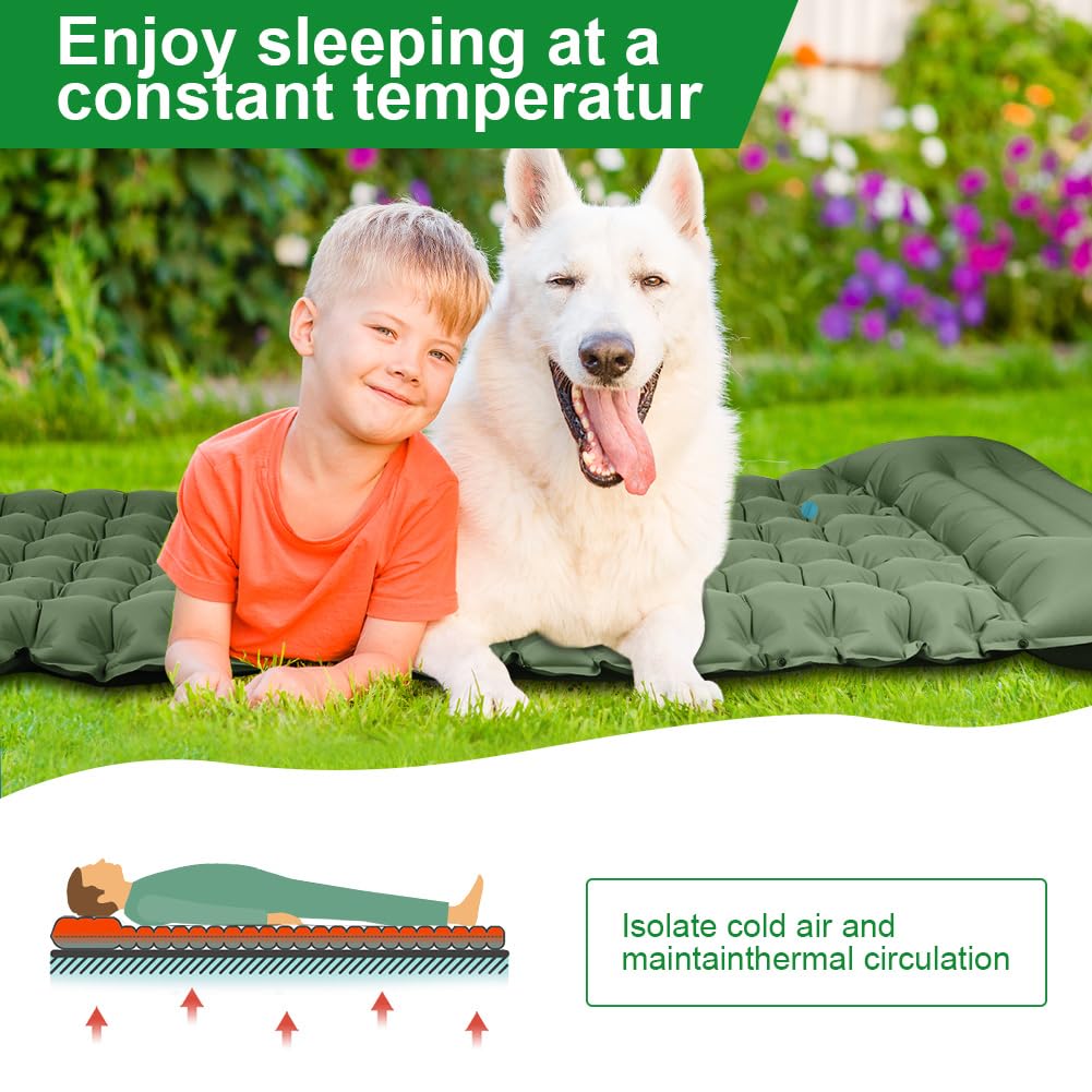 flintronic Camping Self-Inflating Sleeping Pad with Foot Pump, 10CM Thick Waterproof Pad with Pillow, Outdoor Inflatable Air Mattress, Foldable Sleeping Mat for Outdoor, Camping, Army Green