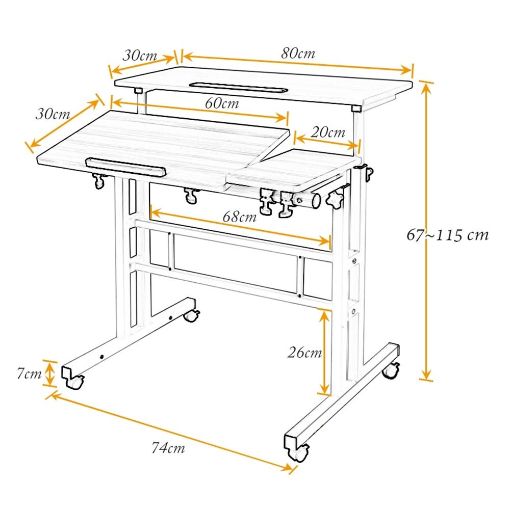 Sogesfurniture adjustable height computer desk laptop table with wheels, mobile desk PC table notebook table laptop stand for home and office, oak