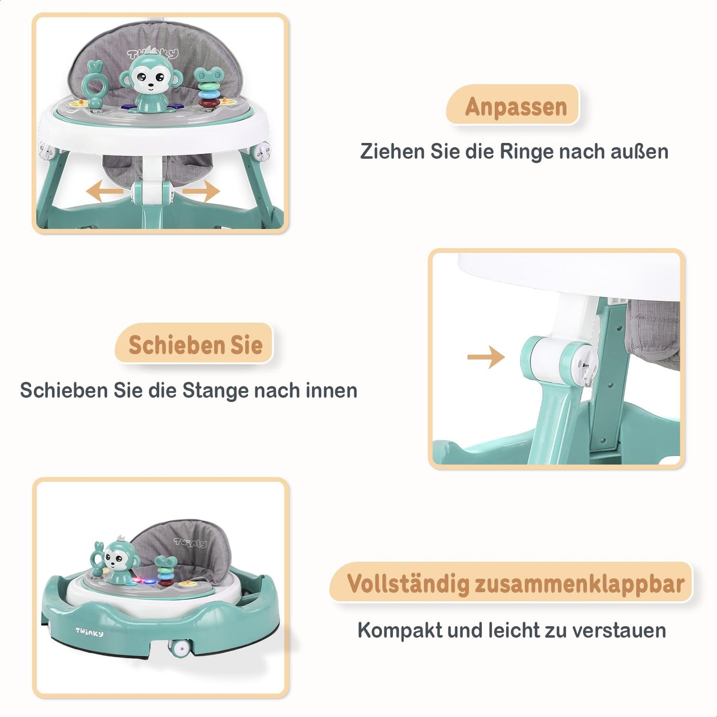 Twinky® walking aid with playset & floor mat - Sturdy 4-way adjustable preschool walking aid - Perfect as a walking aid for your little one's first steps (Mint Green)