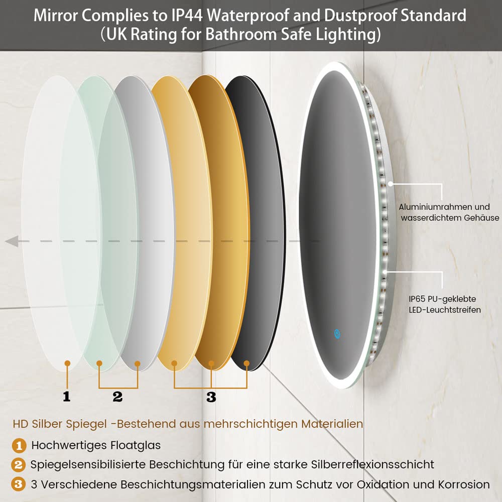 Finmyrs Bathroom Mirror with Lighting Round 50 cm LED Mirror Bathroom with Touch Switch Fog-free Bathroom Mirror Dimmable Illuminated Cool White Warm White 19.69 inch