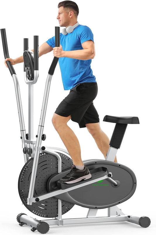 Home Cross Trainer Neezee Crosstrainer Pro 2-in-1 Elliptical Trainer with magnetic resistance, seat, smart LCD display, easy storage, transport wheels up to 120 kg (Silver)