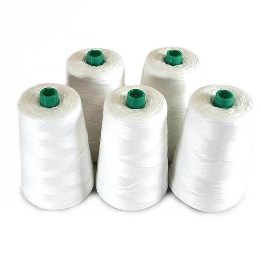 PAMPOLS pack of 5 rolls of thick polyester yarn for bag sewing machine | High strength rope for closing | Bags 5 cones of 20/4 of 200gr | White (White)