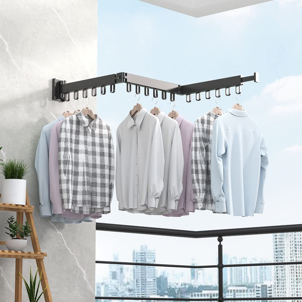 Wall-mounted clothes rack, retractable garment rack with hooks, 360° swivel, triple foldable, clothes rack for balcony, laundry, bathroom (black)