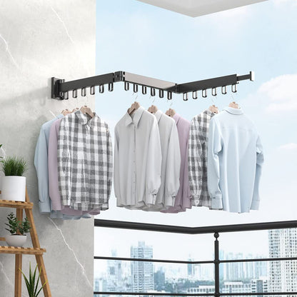 Wall-mounted clothes rack, retractable garment rack with hooks, 360° swivel, triple foldable, clothes rack for balcony, laundry, bathroom (black)