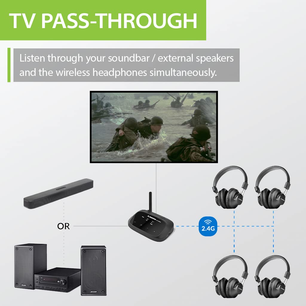 Avantree Quartet Wireless Headphones 4 Pack, Excellent HD Sound, Up to 100 Meters, Quiet Disco Party Package, 2 EQ Modes, Assistive Listening System for Outdoor Movie School, Church, TV
