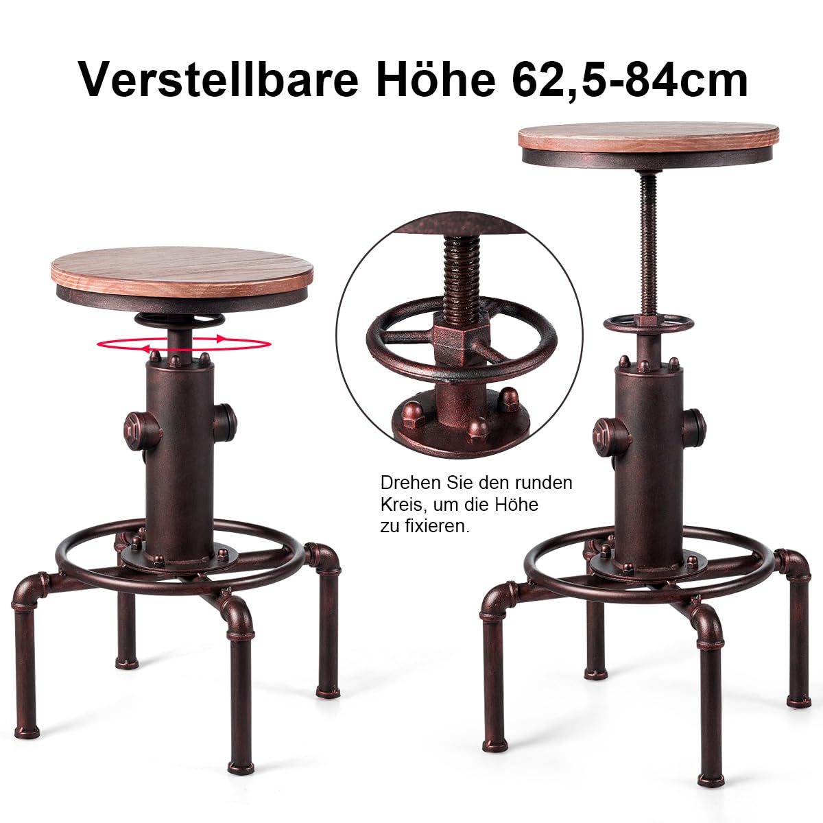 COSTWAY bar stool adjustable height, 59.5-75 cm, wooden and metal bar chair, counter stool with footrest, pine wood seat, vintage bistro stool, industrial kitchen stool for restaurants, cafes.