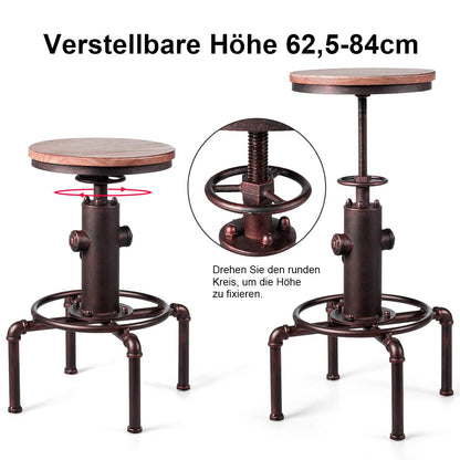 COSTWAY bar stool adjustable height, 59.5-75 cm, wooden and metal bar chair, counter stool with footrest, pine wood seat, vintage bistro stool, industrial kitchen stool for restaurants, cafes.