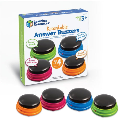 Learning Resources Sound Recordable Answer Buzzers (4 Pack) enhance reaction training during game nights in the classroom or at home. Suitable for ages 3 and up.